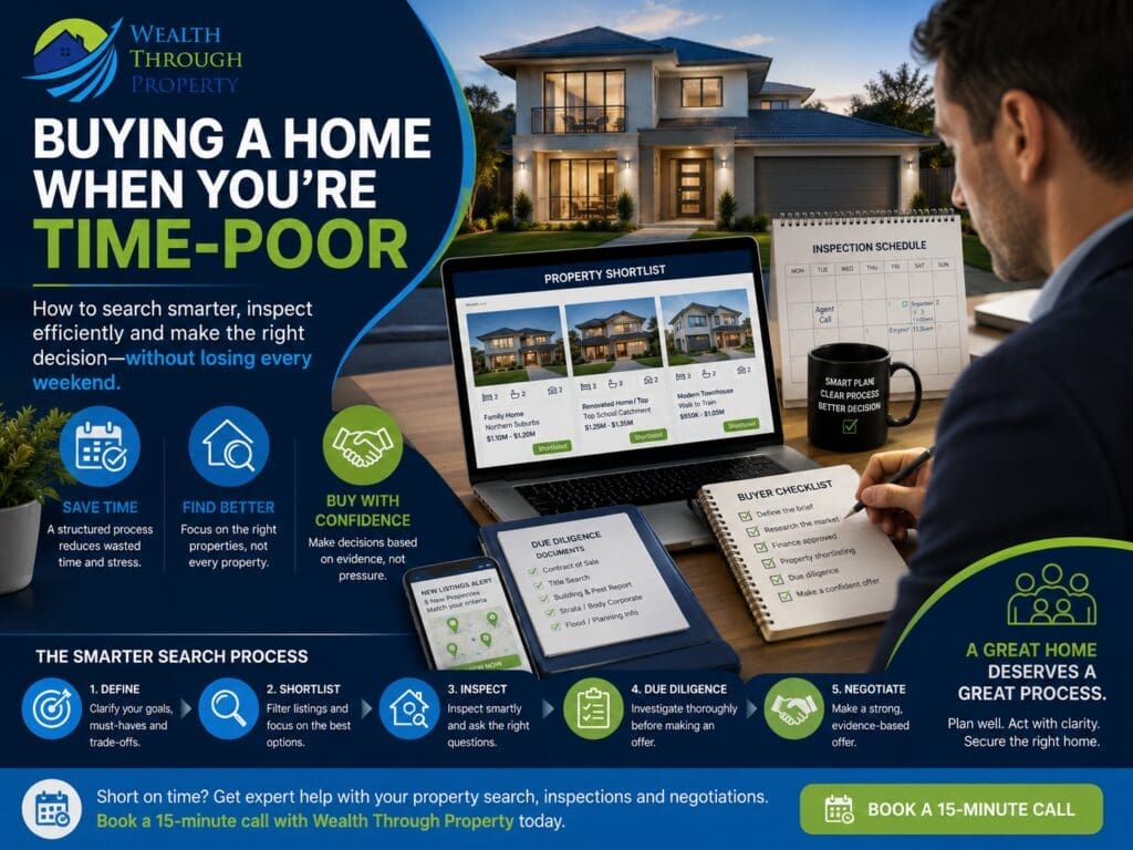 Busy professional reviewing a home-buying shortlist, inspection calendar and property information.