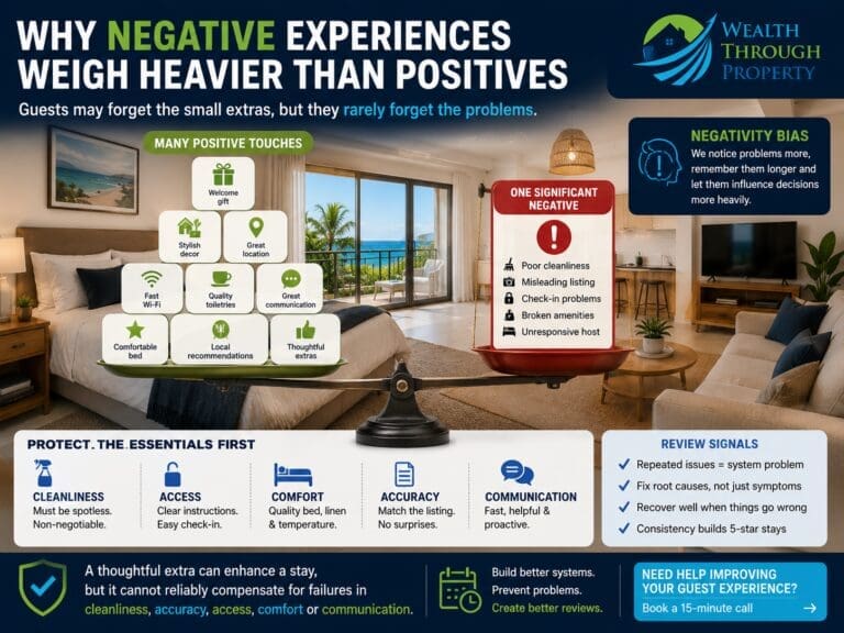 Airbnb host reviewing positive and negative guest-experience touchpoints including cleanliness, check-in, communication and maintenance.
