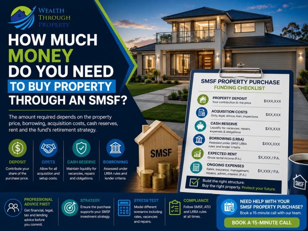 Australian property beside an SMSF funding checklist covering deposit, purchase costs, cash reserves and borrowing.