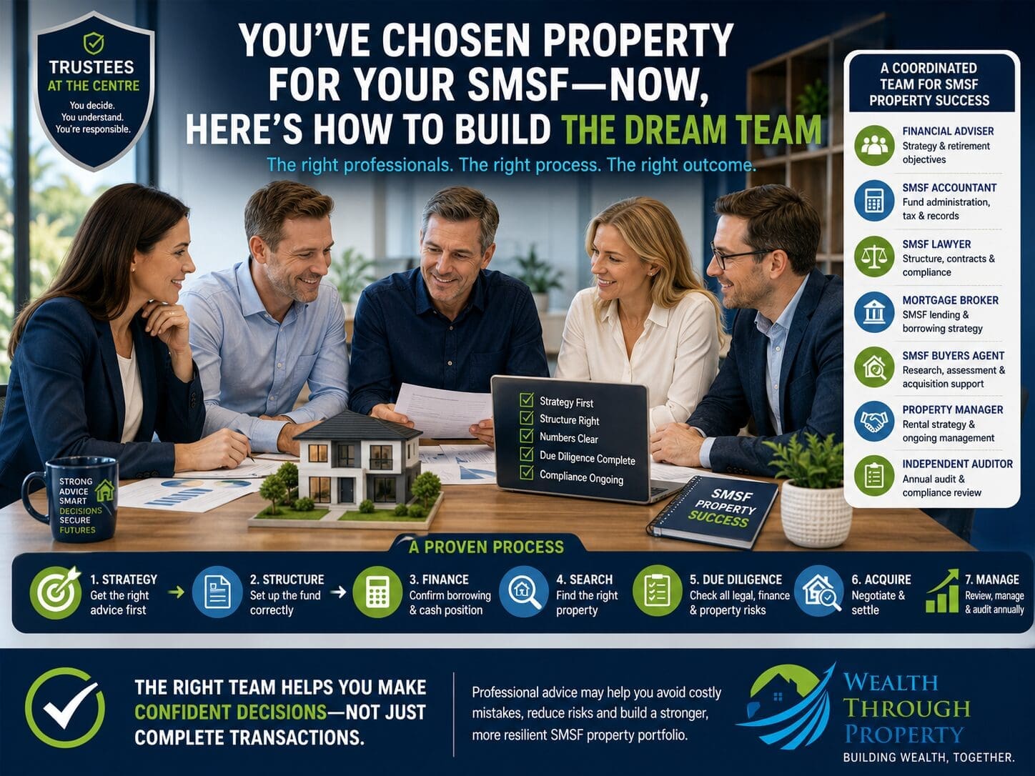SMSF property buyer coordinating a financial adviser, accountant, lawyer, mortgage broker, buyers agent and auditor.