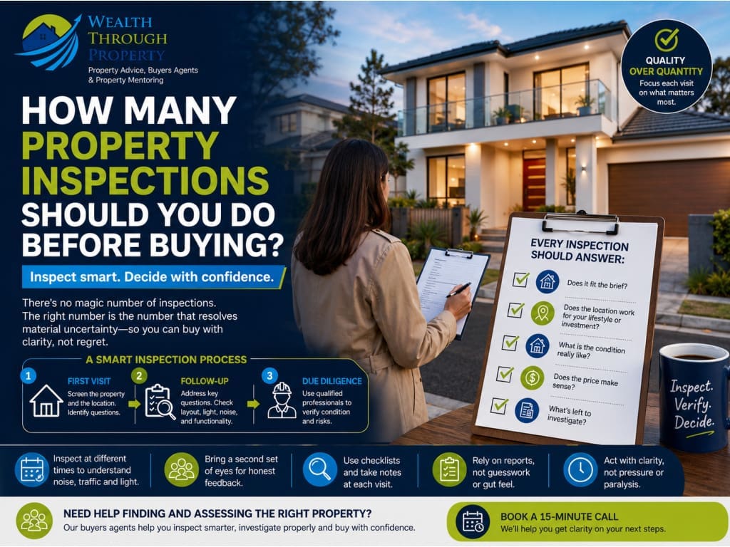 Buyer reviewing a property inspection checklist across multiple visits to an Australian home.