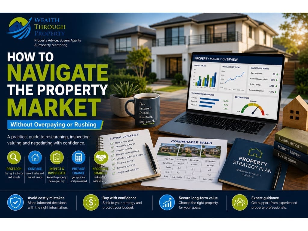 Property buyer reviewing comparable sales, inspection notes and an offer strategy before purchasing an Australian home.