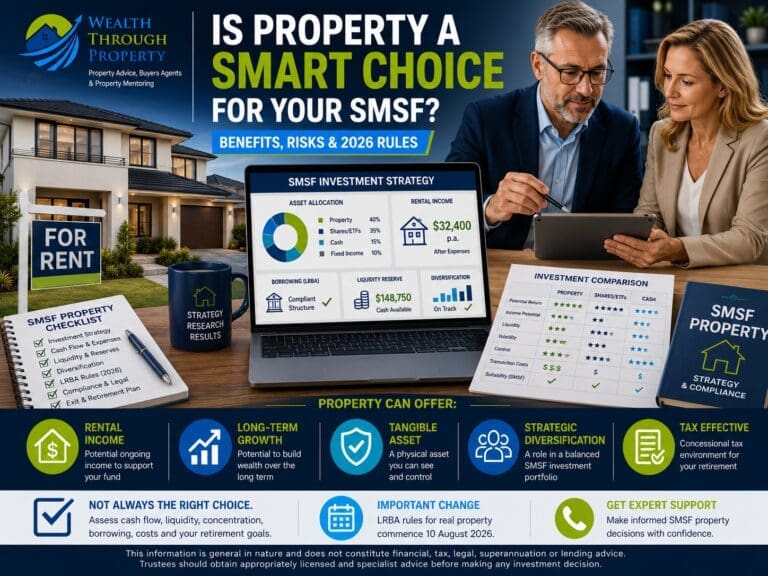 SMSF trustees comparing property, shares and cash while reviewing borrowing, rental income, liquidity and diversification.