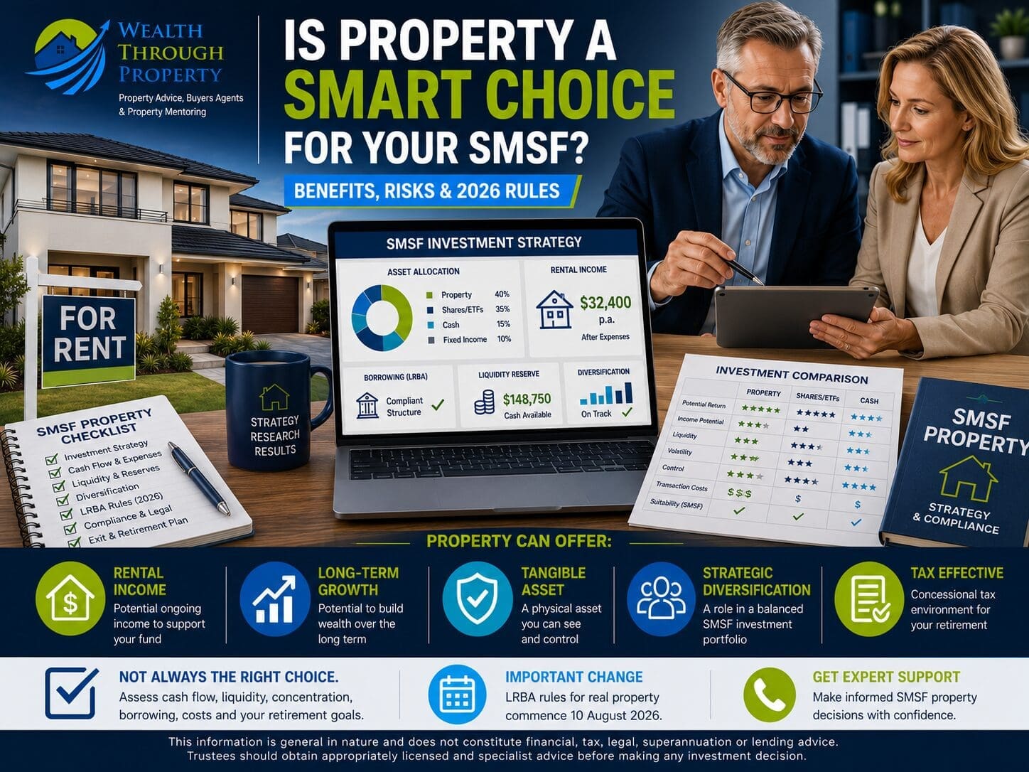 SMSF trustees comparing property, shares and cash while reviewing borrowing, rental income, liquidity and diversification.