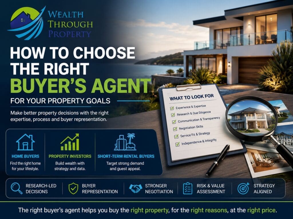 Property buyer comparing home, investment and short-term-rental buyer’s-agent options using a structured research checklist.