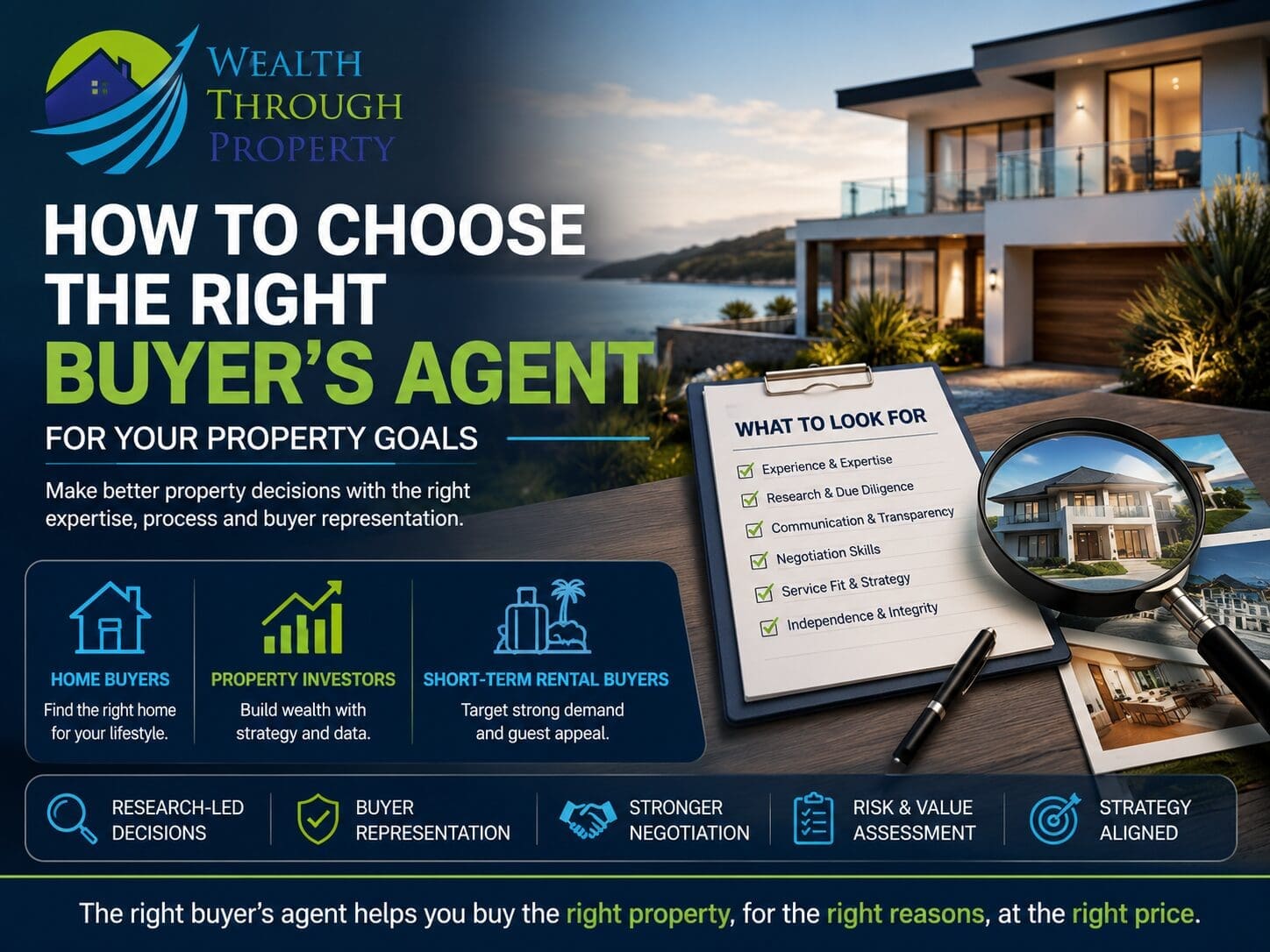Property buyer comparing home, investment and short-term-rental buyer’s-agent options using a structured research checklist.