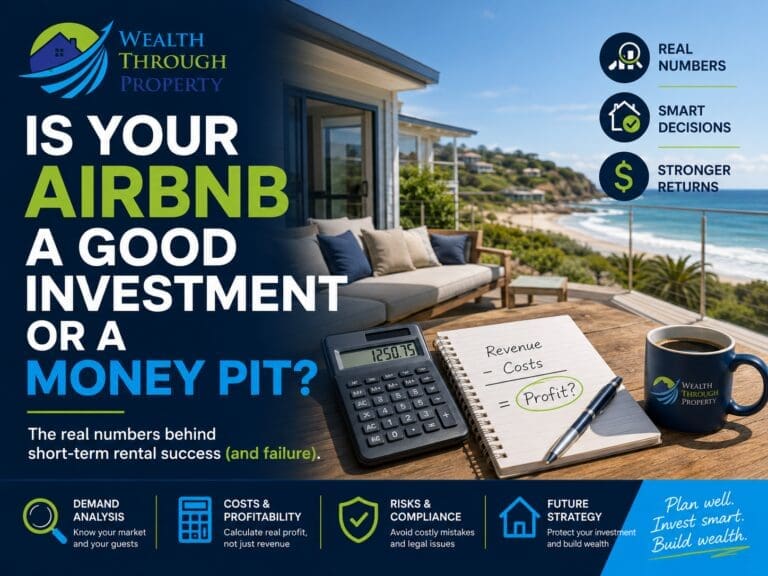Wealth Through Property featured image showing a coastal short-term rental, calculator and profitability checklist for assessing whether an Airbnb is a good investment or a money pit.