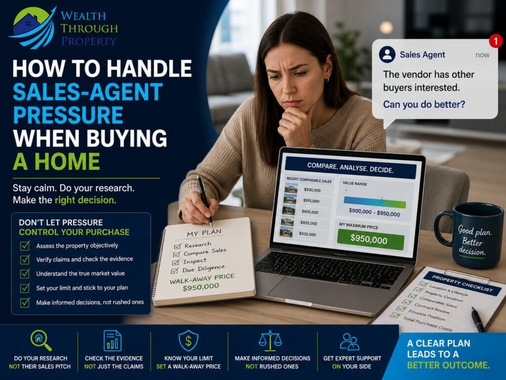 Home buyer reviewing comparable sales and an offer limit while managing pressure from a real estate sales agent.
