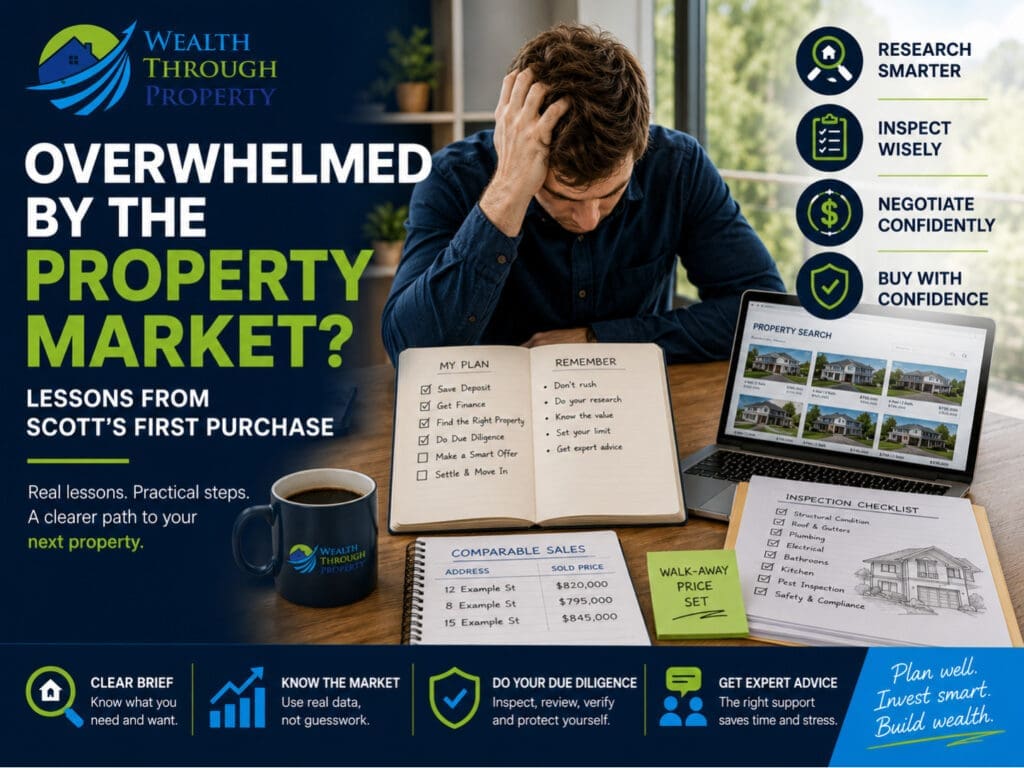 Overwhelmed first-home buyer reviewing property listings, finance information, comparable sales and inspection notes.