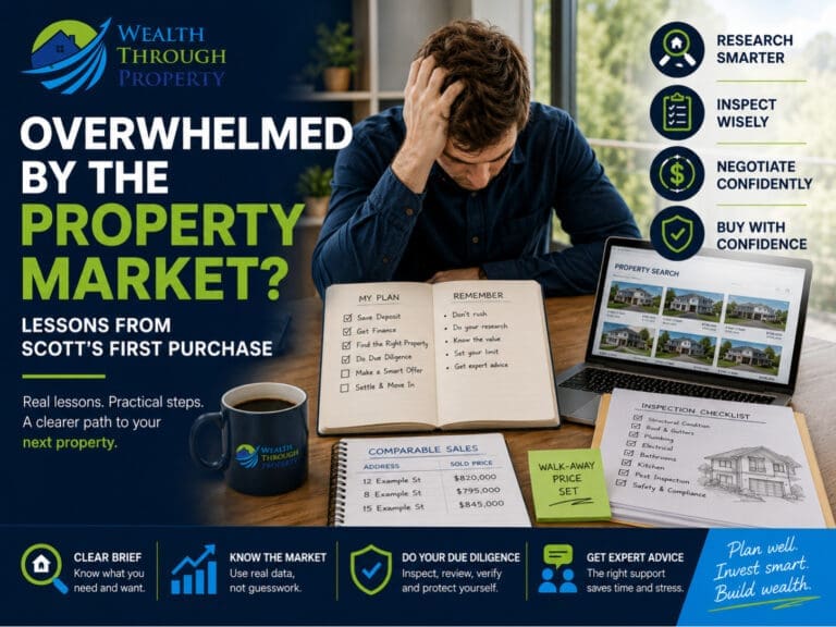 Overwhelmed first-home buyer reviewing property listings, finance information, comparable sales and inspection notes.