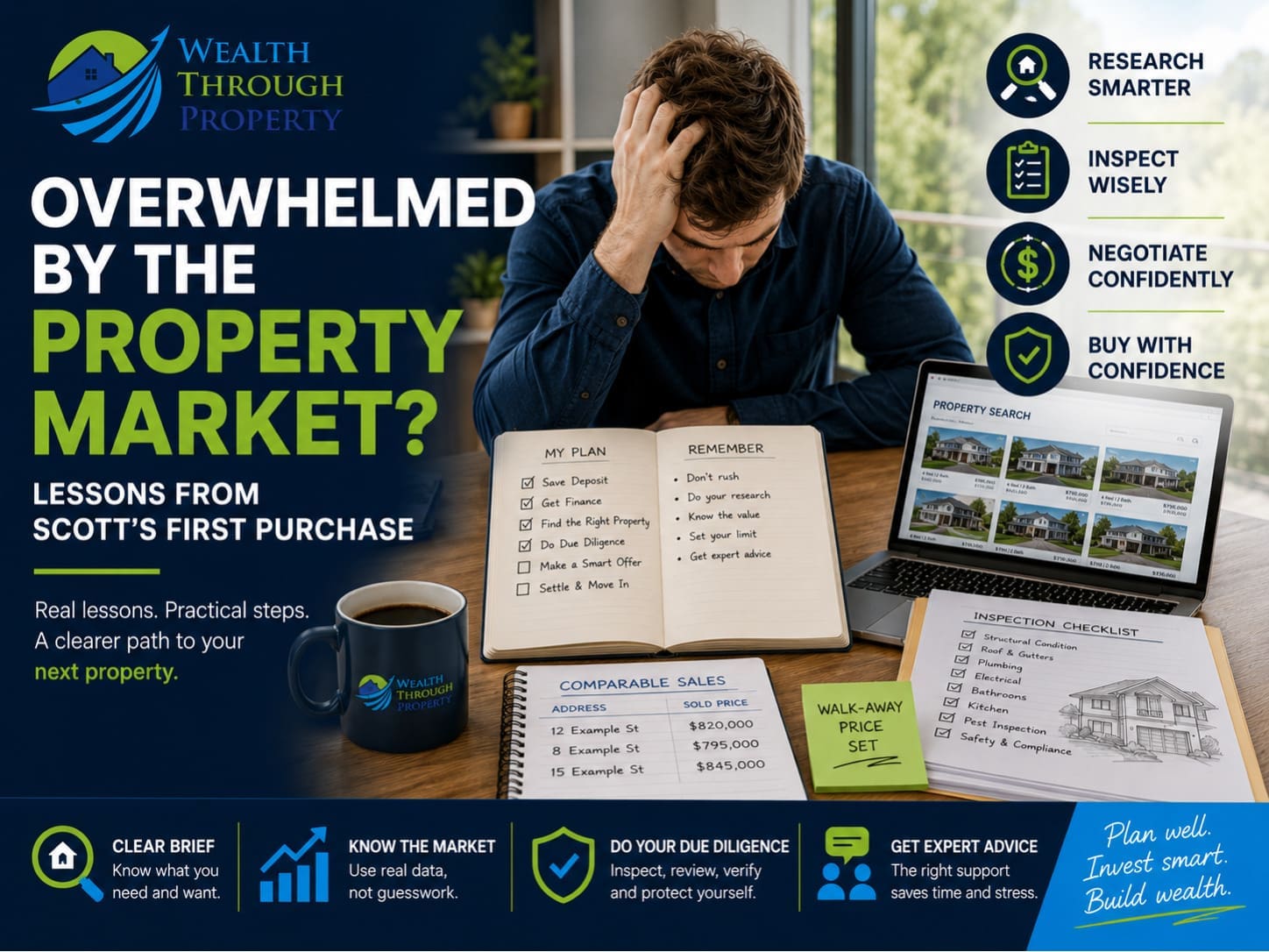 Overwhelmed first-home buyer reviewing property listings, finance information, comparable sales and inspection notes.