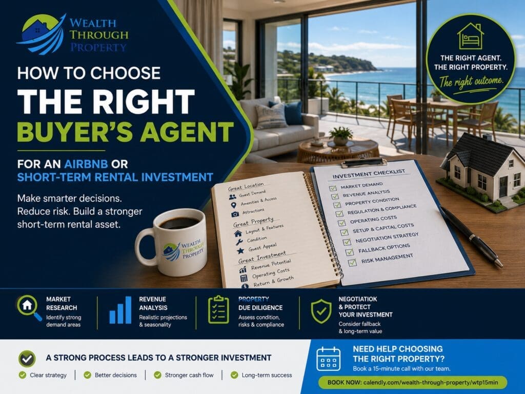 Short-term rental investor comparing Airbnb buyer’s agents, market research, revenue forecasts, property due diligence and service fees.