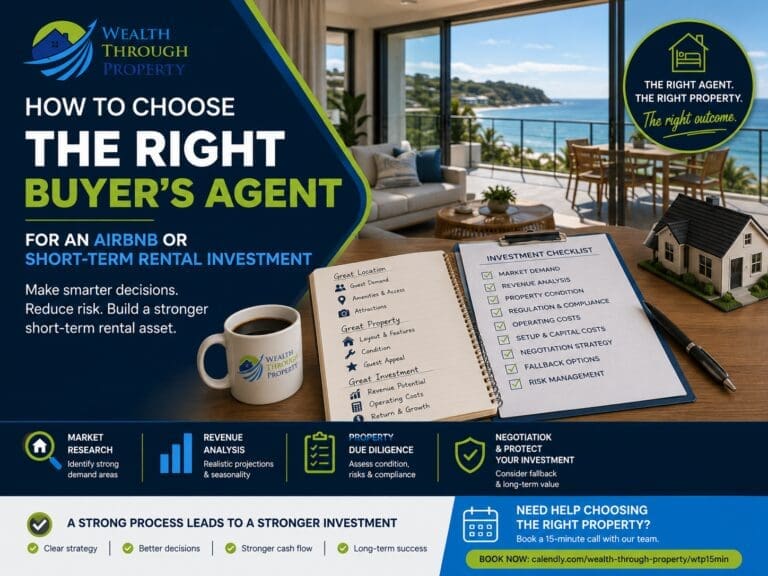 Short-term rental investor comparing Airbnb buyer’s agents, market research, revenue forecasts, property due diligence and service fees.