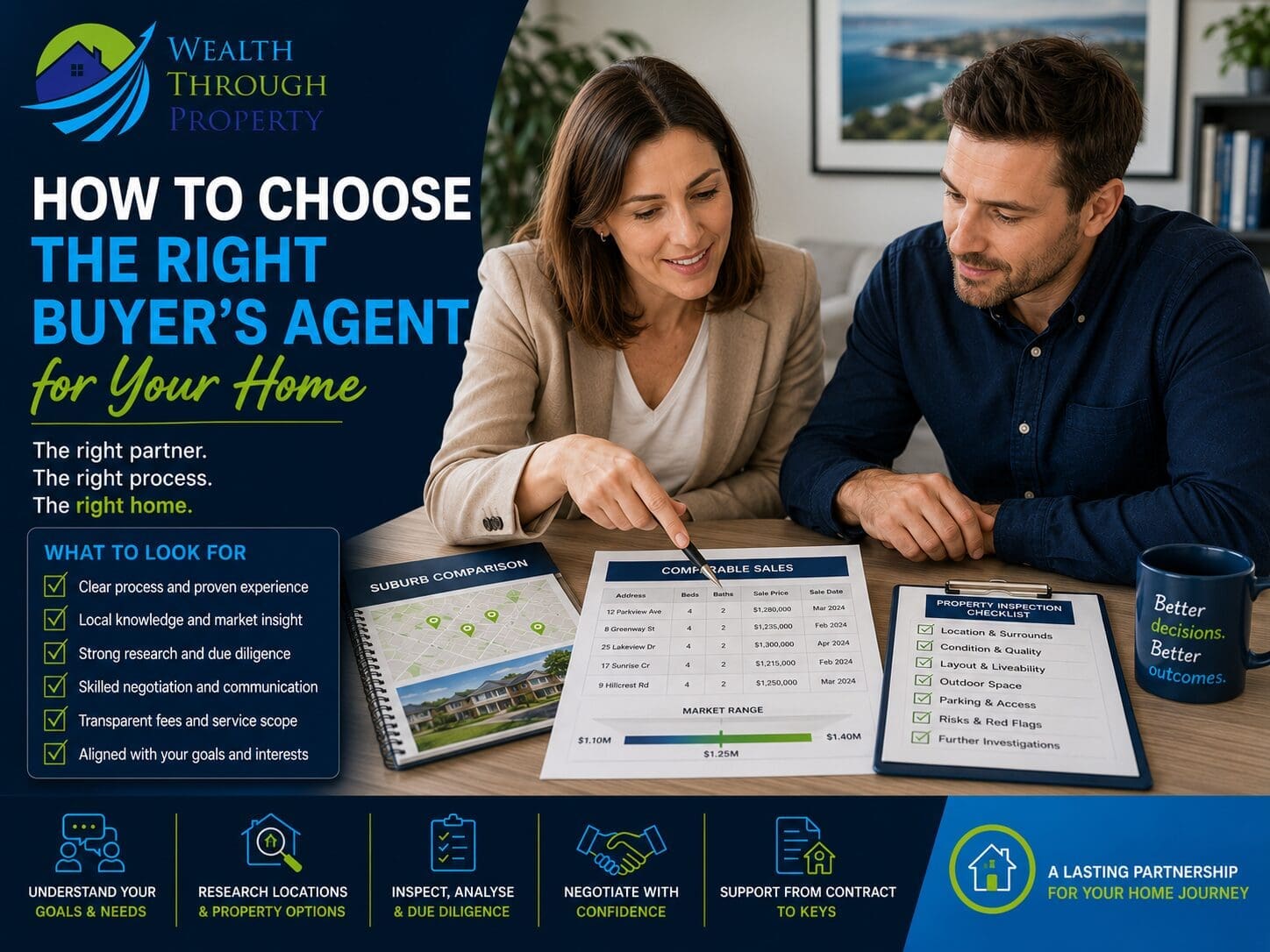 Home buyer and buyer’s agent reviewing a property brief, suburb research and comparable sales before choosing a home.