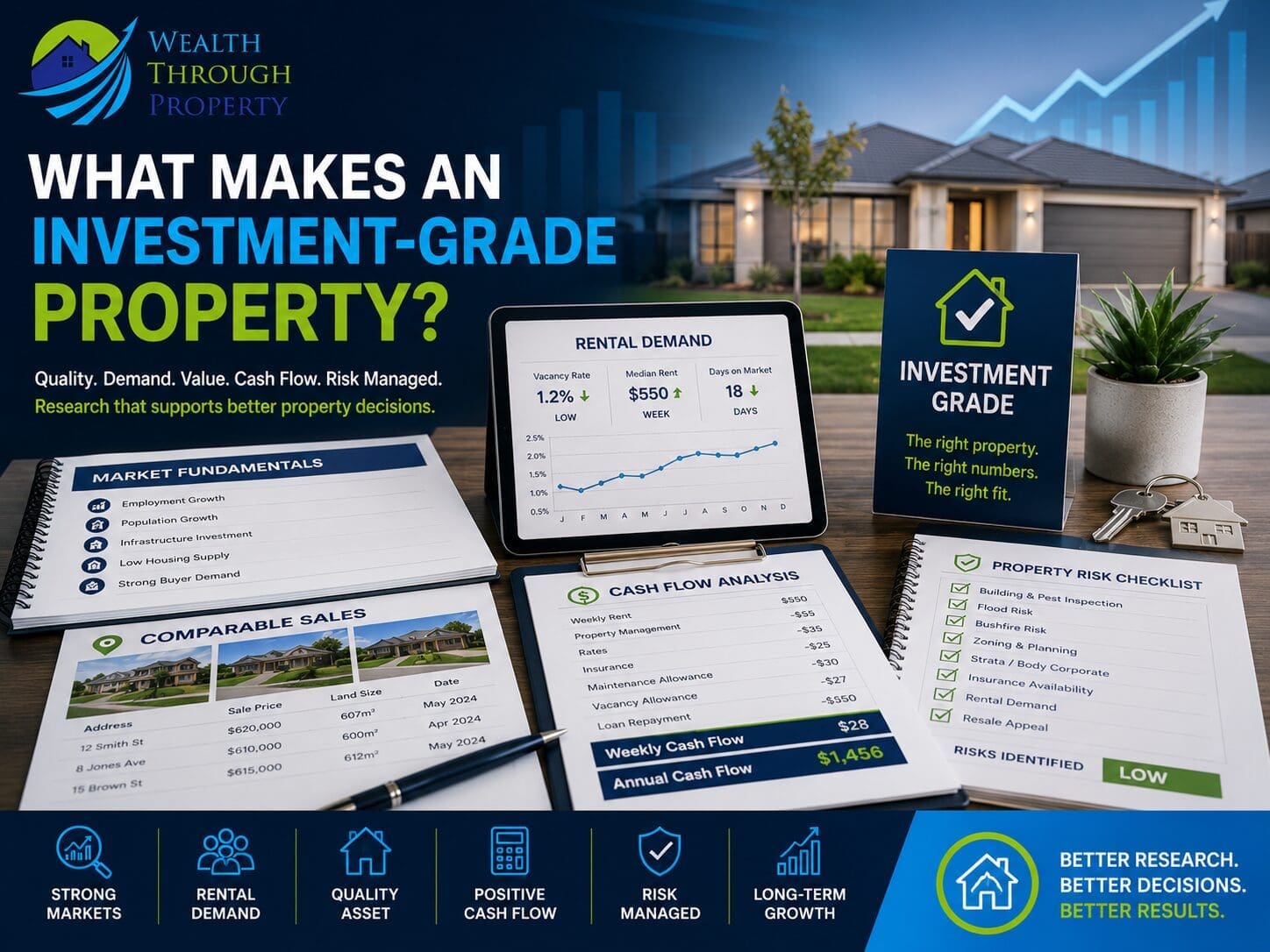 Investment property research showing market fundamentals, rental demand, comparable sales, cash flow and property risk checks.