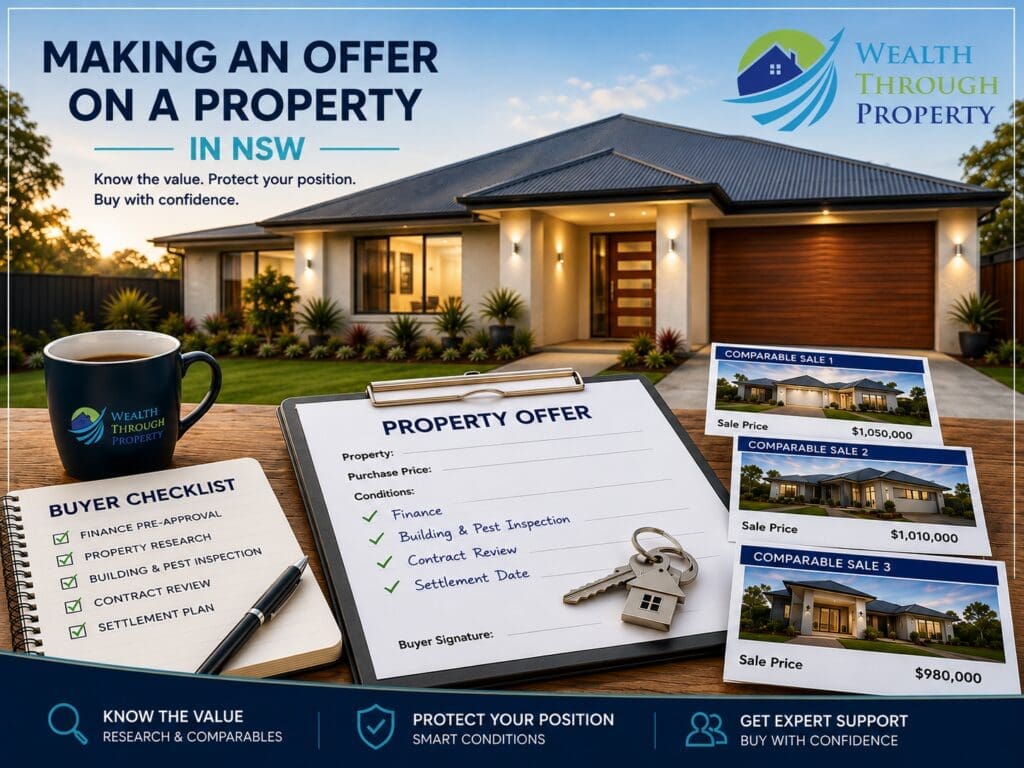 Australian home buyer reviewing a property offer, comparable sales and contract conditions before making an offer in NSW.