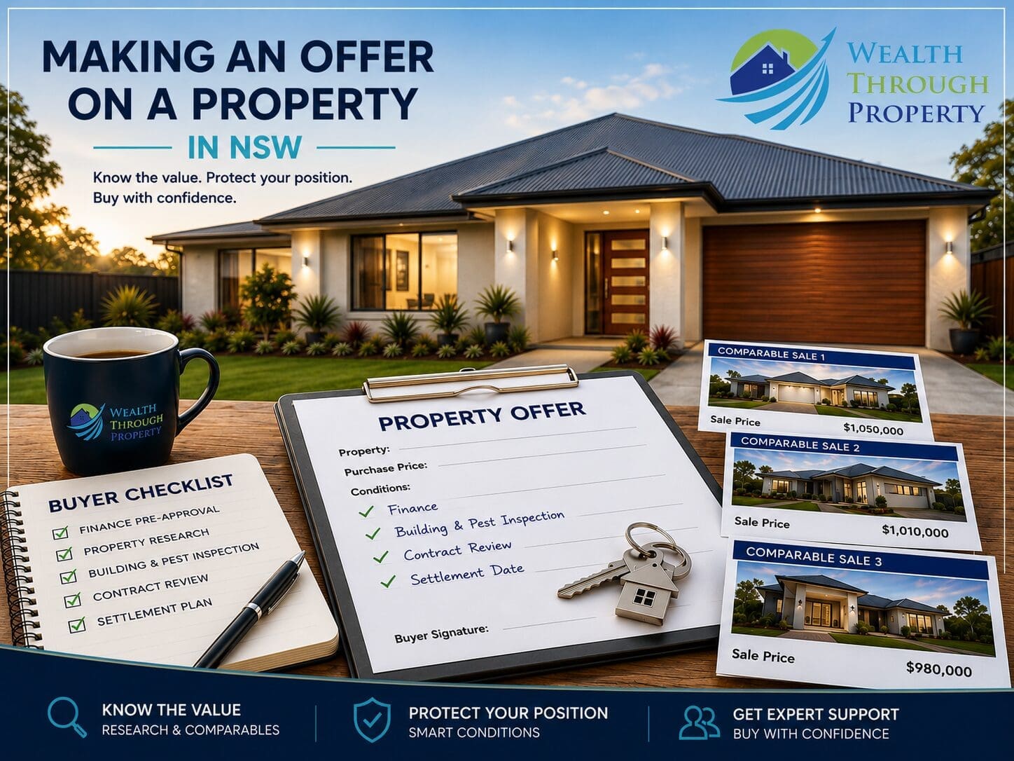 Australian home buyer reviewing a property offer, comparable sales and contract conditions before making an offer in NSW.