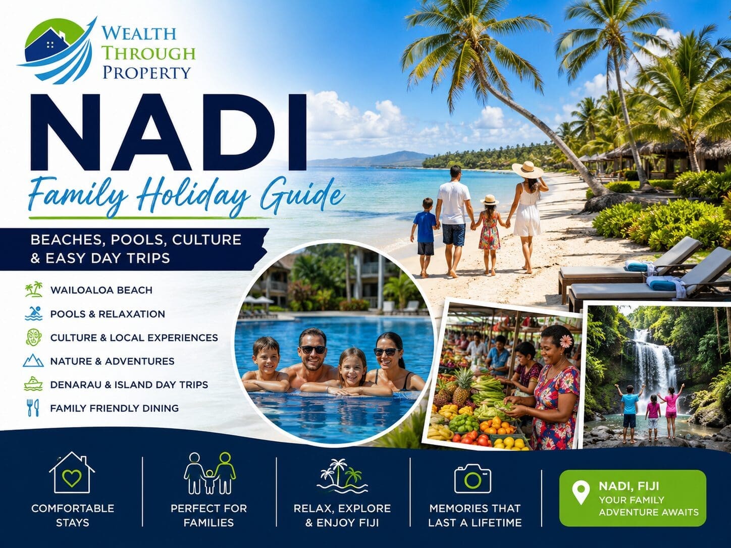 Nadi family holiday guide featuring Wailoaloa Beach, tropical activities, a swimming pool and family day-trip cues in Fiji.