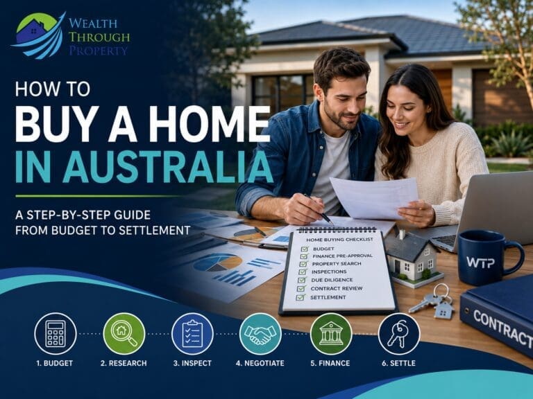 Australian home buyers reviewing their budget, property inspection notes and contract before purchasing a home.