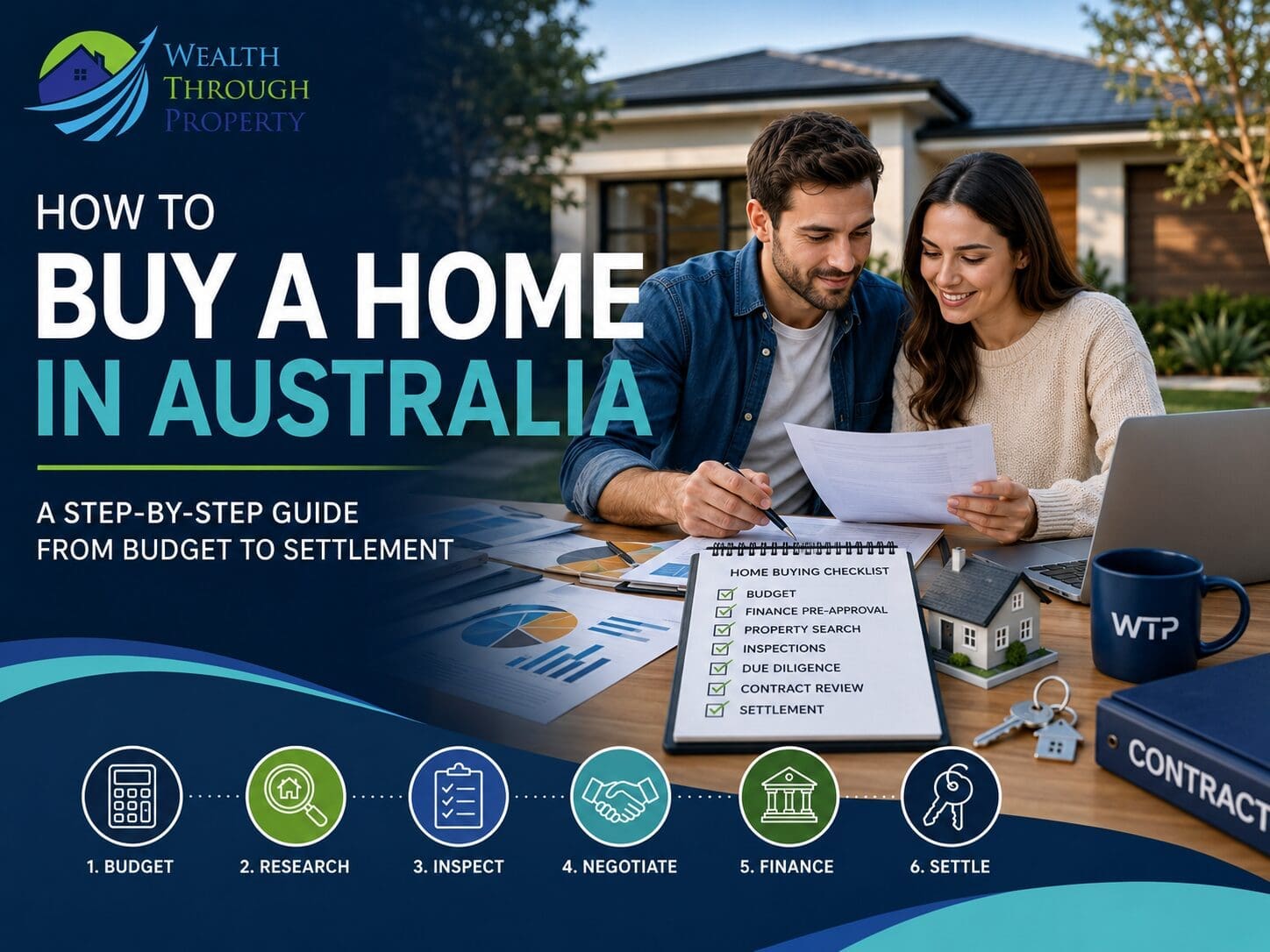 Australian home buyers reviewing their budget, property inspection notes and contract before purchasing a home.
