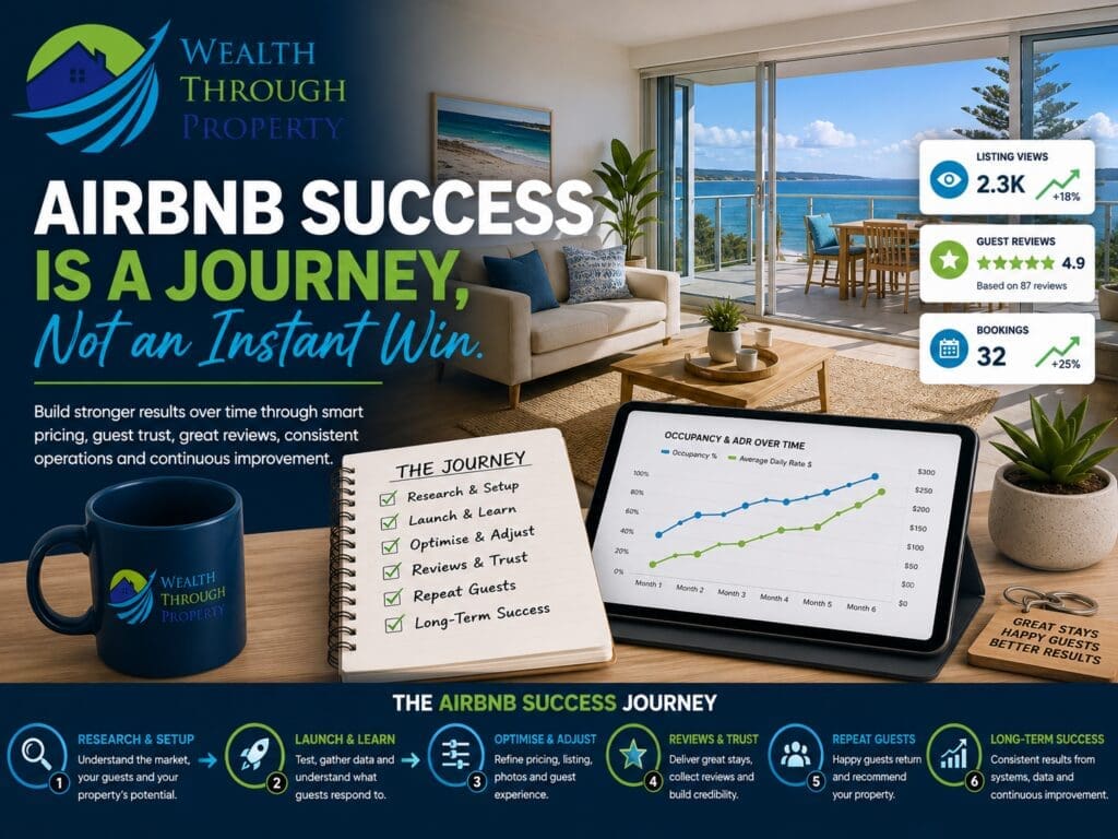 Short-term rental property with pricing, guest reviews and listing optimisation cues representing the long-term journey to Airbnb success.