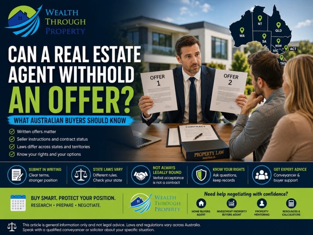 Australian property buyer submitting a written offer to a real estate agent with contract and state-law guidance cues.