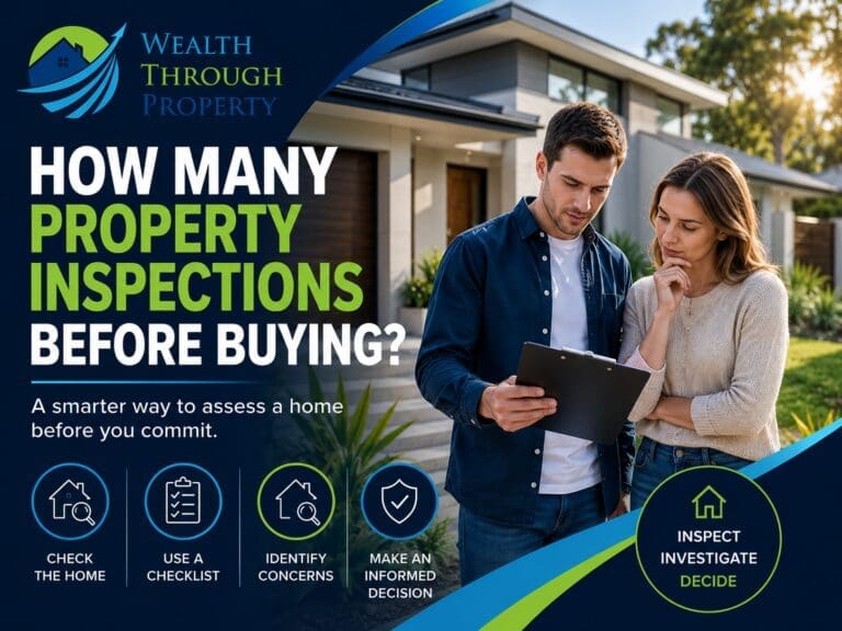 Australian home buyer reviewing a checklist during multiple property inspections before making a purchase.