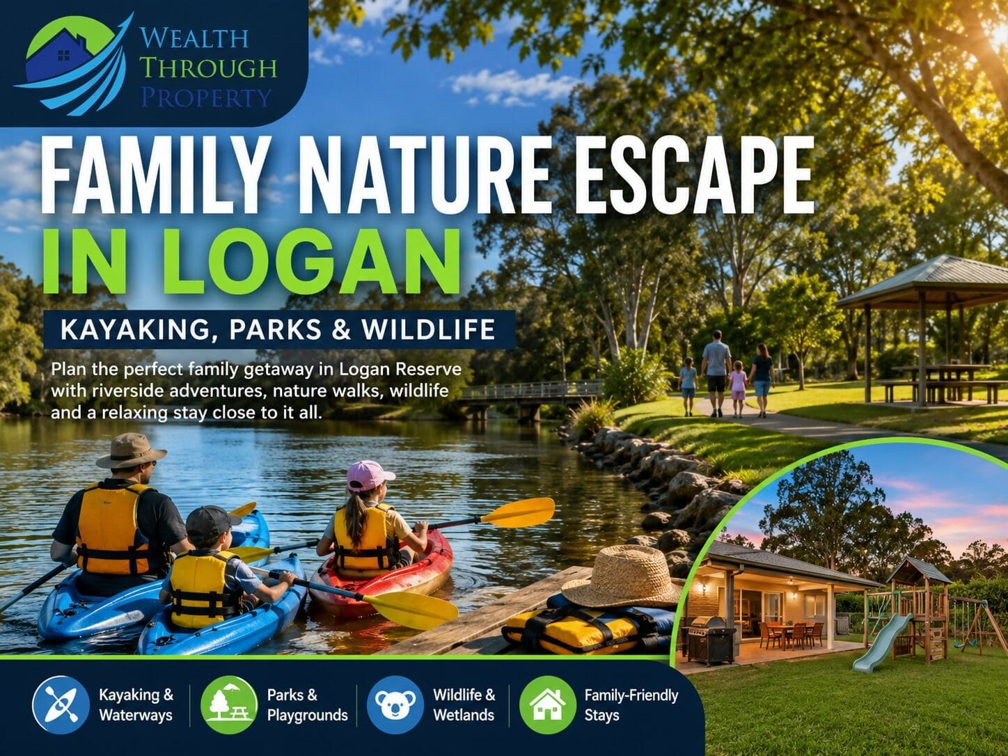 Family nature escape in Logan with kayaks beside a leafy waterway and parkland near Logan Reserve.