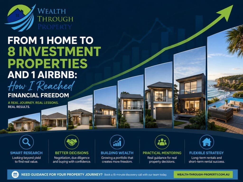 Property investment journey showing the progression from one home to a portfolio of investment properties and a coastal short-term rental.