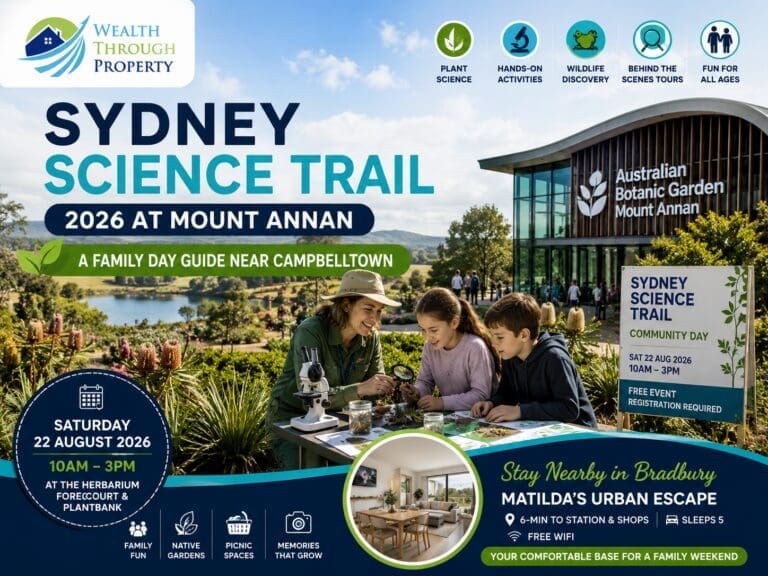Sydney Science Trail family day at the Australian Botanic Garden Mount Annan, with native gardens, plant science activities and Bradbury accommodation cues.