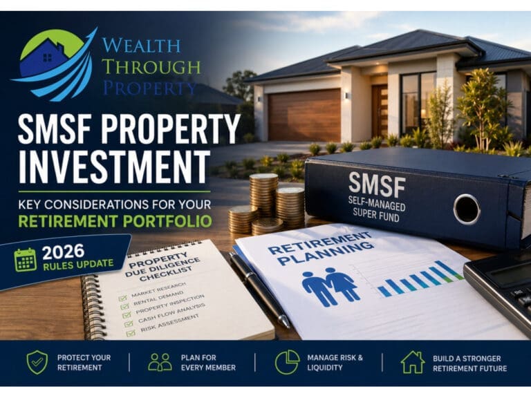 Australian SMSF property investment planning with a residential property, retirement documents and due-diligence checklist.