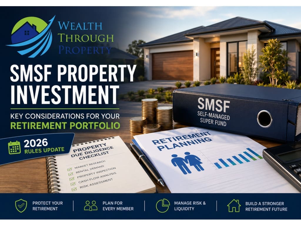 Australian SMSF property investment planning with a residential property, retirement documents and due-diligence checklist.