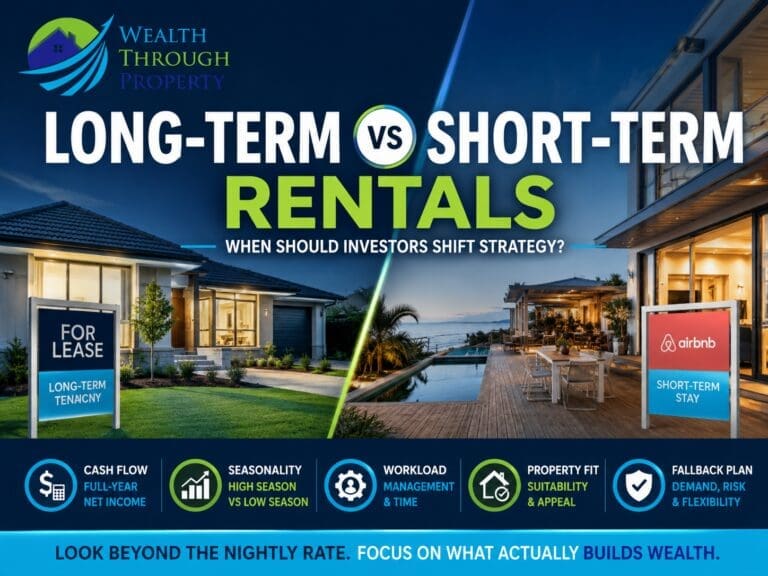 Australian property investor comparing a long-term rental with a short-term rental using cash-flow, seasonality, workload and due-diligence checks.