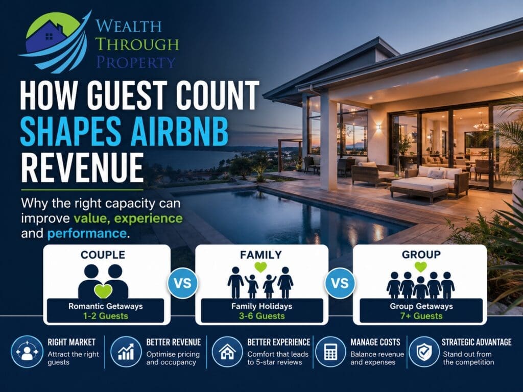 Airbnb guest-capacity planning showing bedrooms, bathrooms, dining space, parking, guest comfort and short-term-rental operating costs.