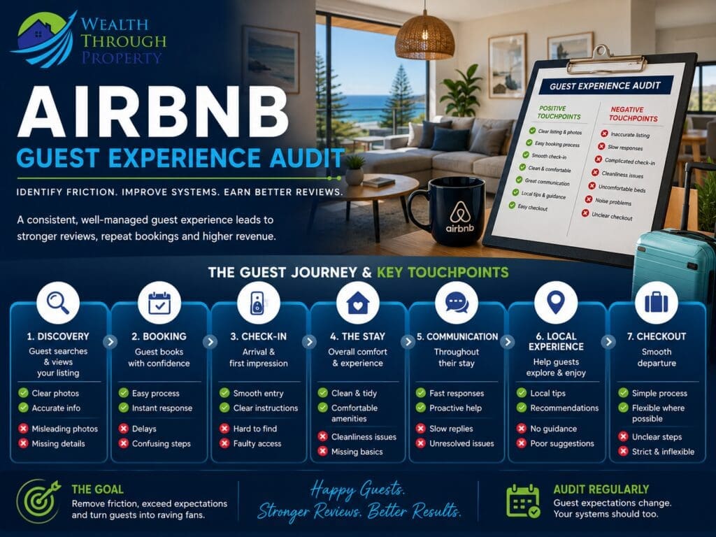 Airbnb guest experience audit showing positive and negative touchpoints from listing and check-in through the stay and checkout.