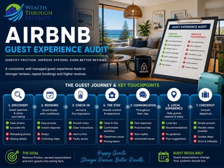 Airbnb guest experience audit showing positive and negative touchpoints from listing and check-in through the stay and checkout.