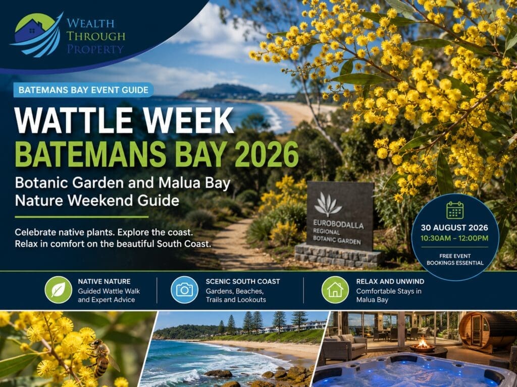 Golden wattle beside a botanic garden walking path with Malua Bay coastal scenery for a Batemans Bay Wattle Week guide.