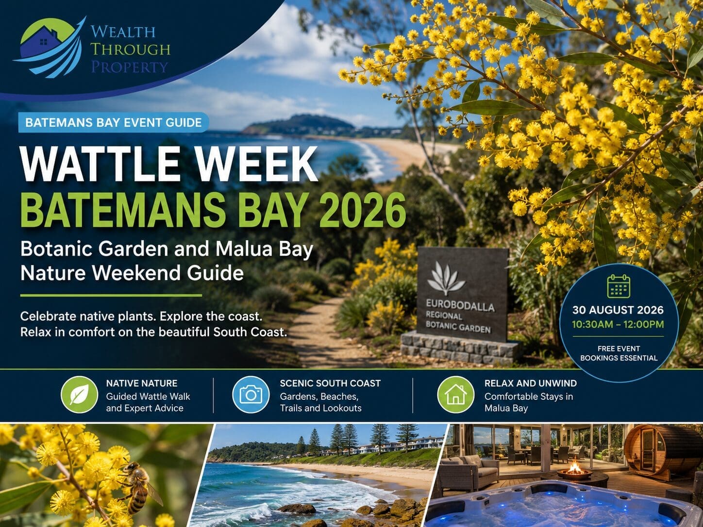 Golden wattle beside a botanic garden walking path with Malua Bay coastal scenery for a Batemans Bay Wattle Week guide.