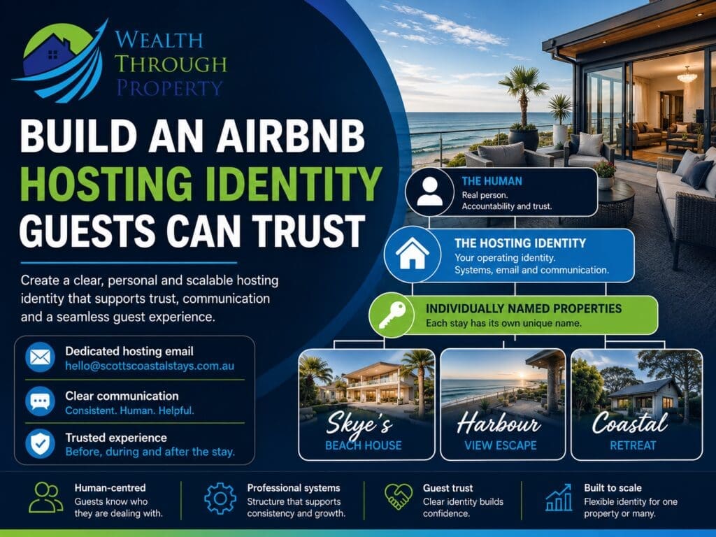 Airbnb host reviewing a structured hosting identity with a dedicated email, guest communication system and individually named short-term rental properties.