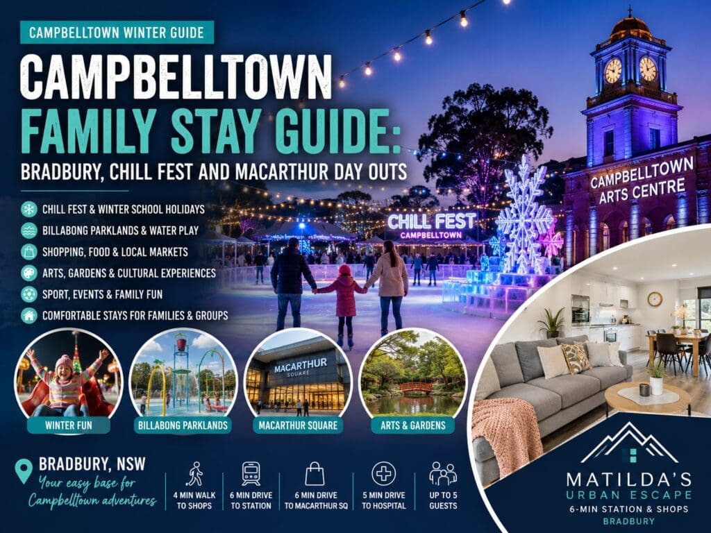 Featured image for a Campbelltown winter family stay guide showing Bradbury, Chill Fest, Billabong Parklands and Macarthur day-out planning.