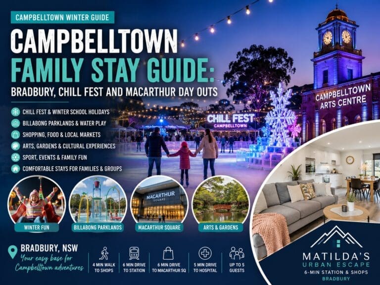 Featured image for a Campbelltown winter family stay guide showing Bradbury, Chill Fest, Billabong Parklands and Macarthur day-out planning.
