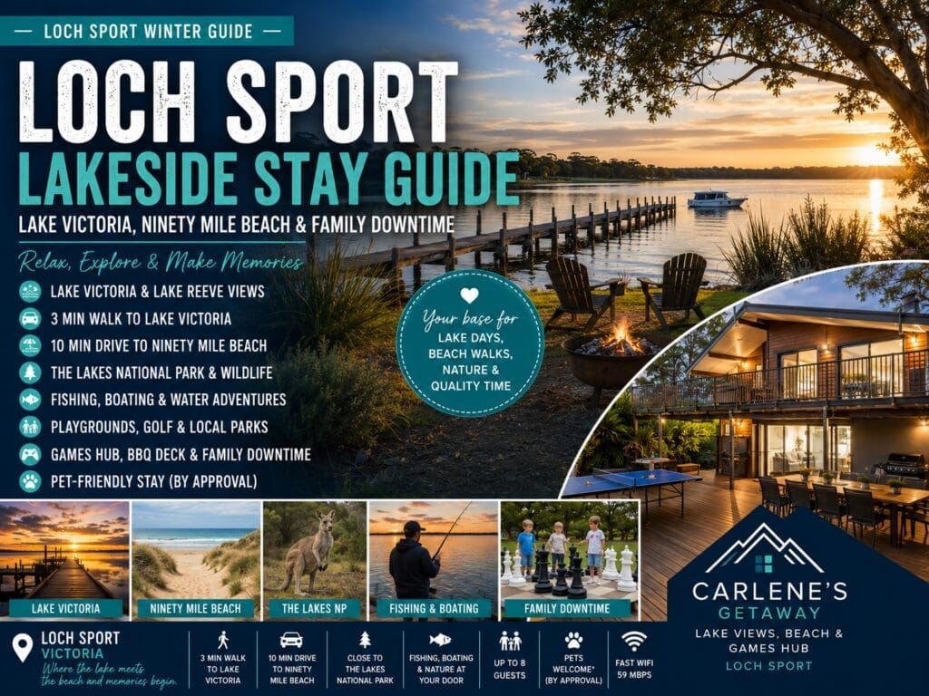 Featured image for a Loch Sport winter stay guide showing Lake Victoria, Ninety Mile Beach, family downtime and Carlene’s Getaway as a lake and beach base.