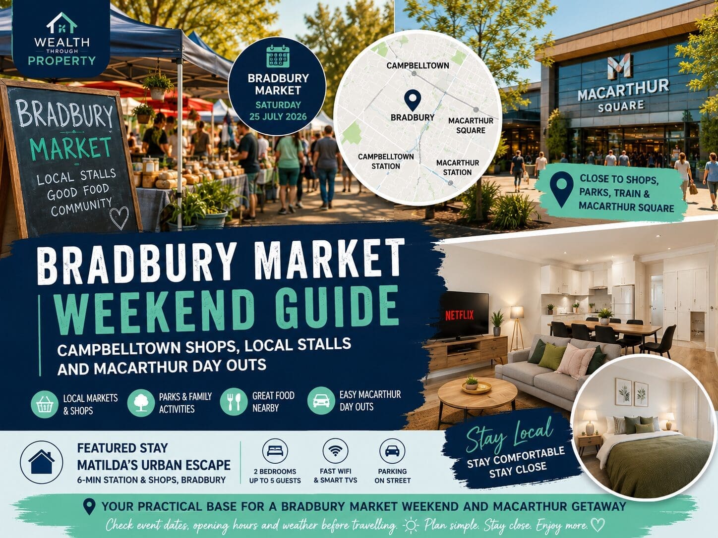 Featured image for a Bradbury Market weekend guide near Campbelltown, showing local market, Macarthur day-out and Matilda’s Urban Escape stay cues.