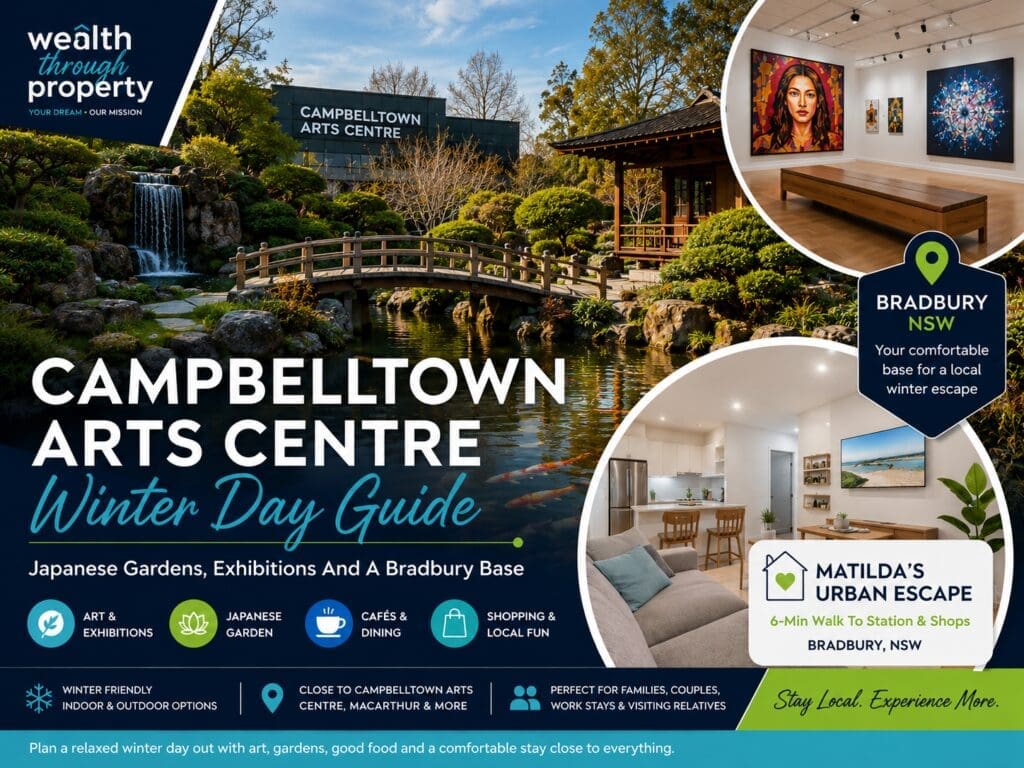 Featured image for a Campbelltown Arts Centre winter day guide, showing Japanese Garden, exhibition, café and Bradbury accommodation cues.