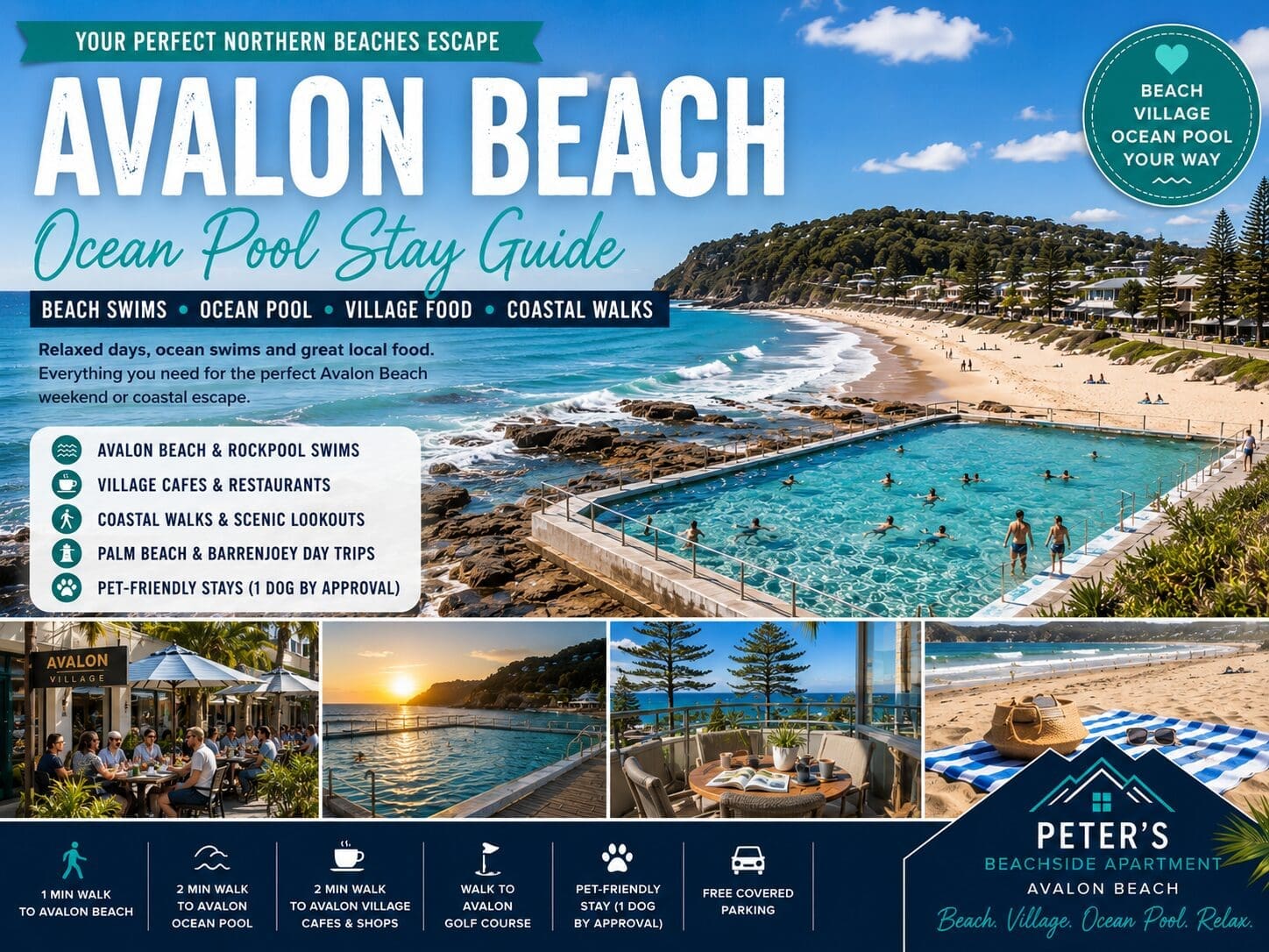 Featured image for an Avalon Beach ocean pool stay guide showing Avalon Beach, Avalon Rockpool, village cafes and Peter’s Beachside Apartment as a beachside base.