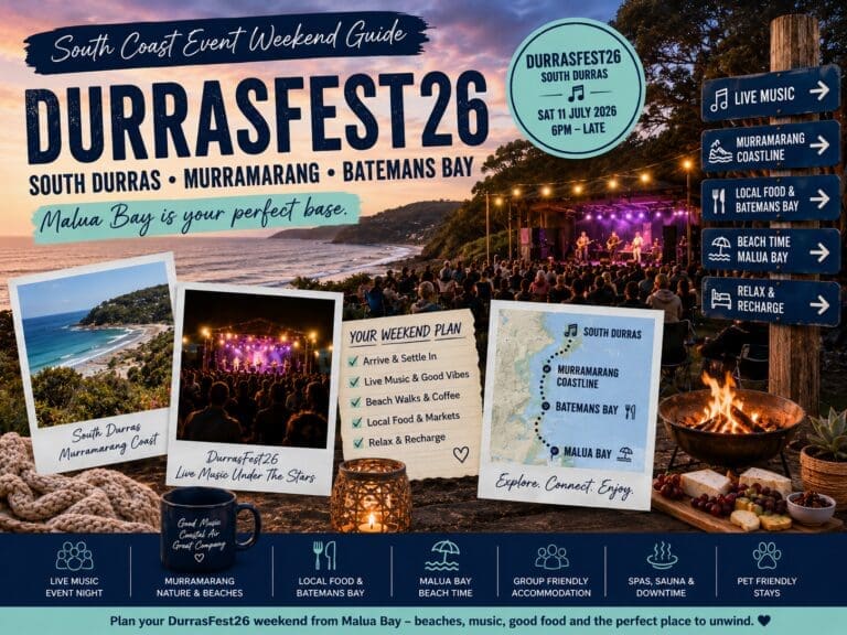 Featured image for a DurrasFest26 South Durras event weekend guide, showing coastal festival, Murramarang beach and Malua Bay stay cues.