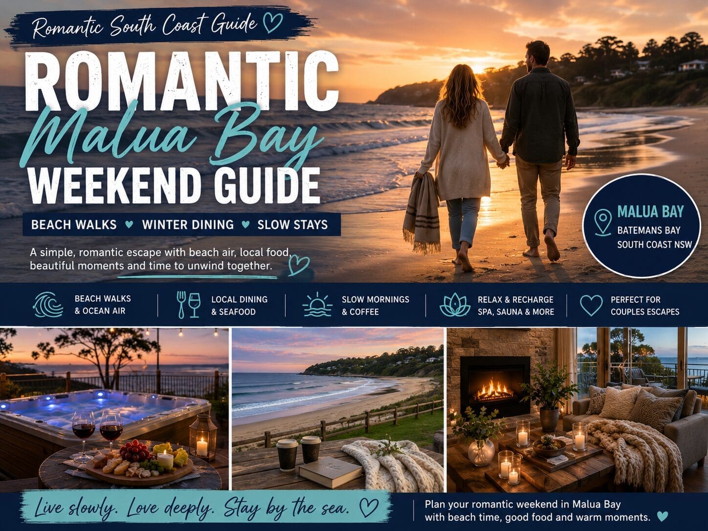 Featured image for a romantic Malua Bay weekend guide, showing beach walks, warm coastal light, Batemans Bay dining cues and a slow South Coast getaway.