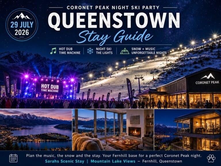 Queenstown night ski party guide image showing Coronet Peak lights, alpine snow, music event energy and Sarahs Scenic Stay as a Fernhill base.