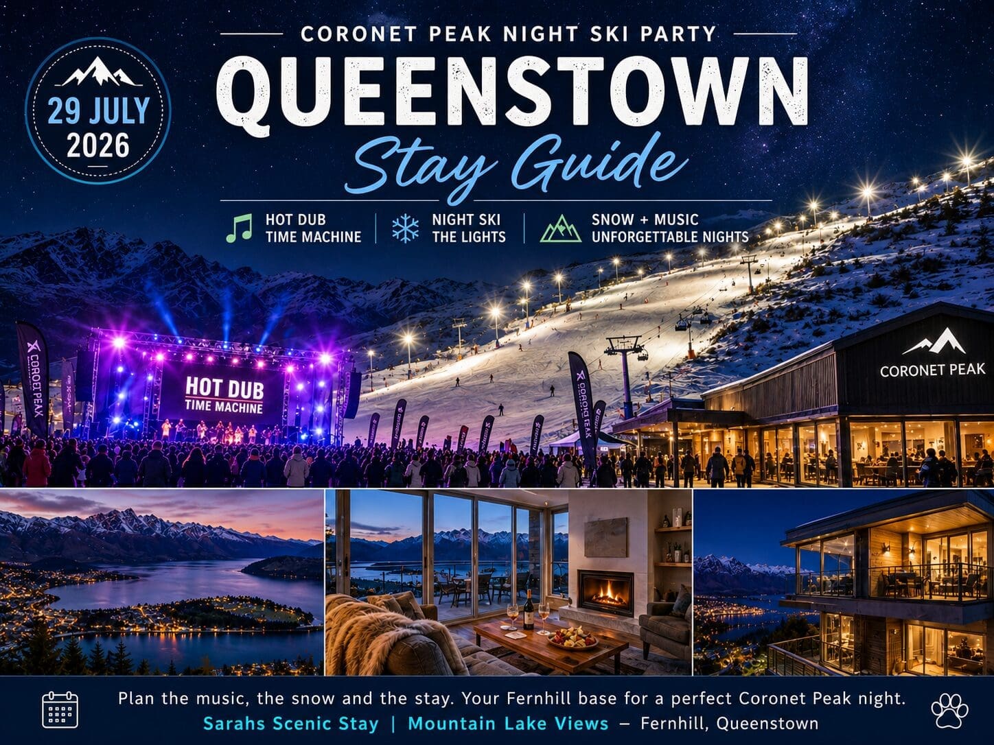 Queenstown night ski party guide image showing Coronet Peak lights, alpine snow, music event energy and Sarahs Scenic Stay as a Fernhill base.
