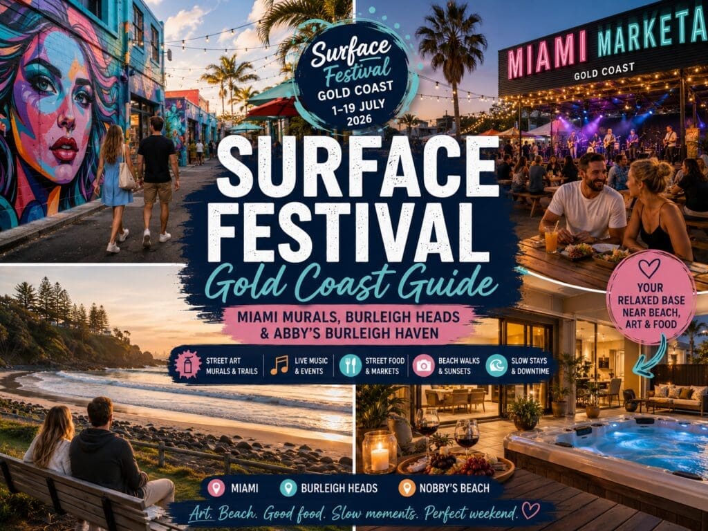 Featured image for a Surface Festival Gold Coast guide, showing Miami street art, mural trails, Burleigh Heads beach and a relaxed event-weekend stay.